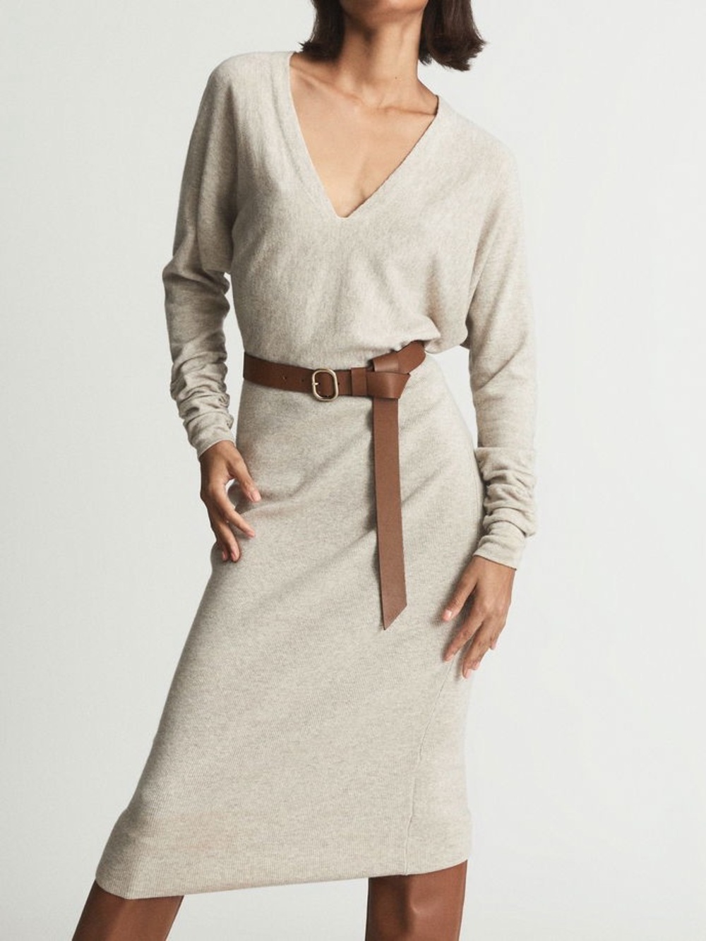 REISS Women’s Jenna Ruched Sleeve Wool & Cashmere-Blend Knit Dress in Stone L